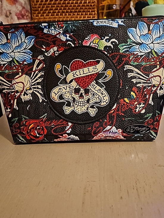 Ed Hardy Handbags - Ed Hardy Black Floral Skull Cosmetic Pouch with Red Heart Accent
